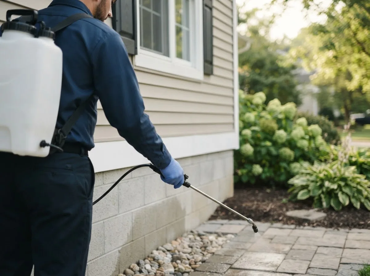 Pest control technician inspecting a home in Aberdeen, OH